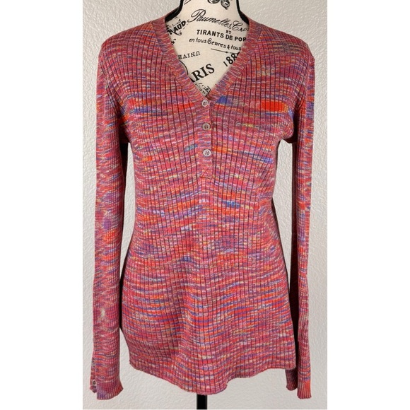 Sundance Multi Color Ribbed Henley Long Sleeve Lettuce Hem Buttons, size Medium - Picture 2 of 8